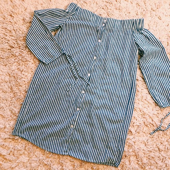 Love Notes Blue Striped Off-The-Shoulder Dress - Picture 1 of 9